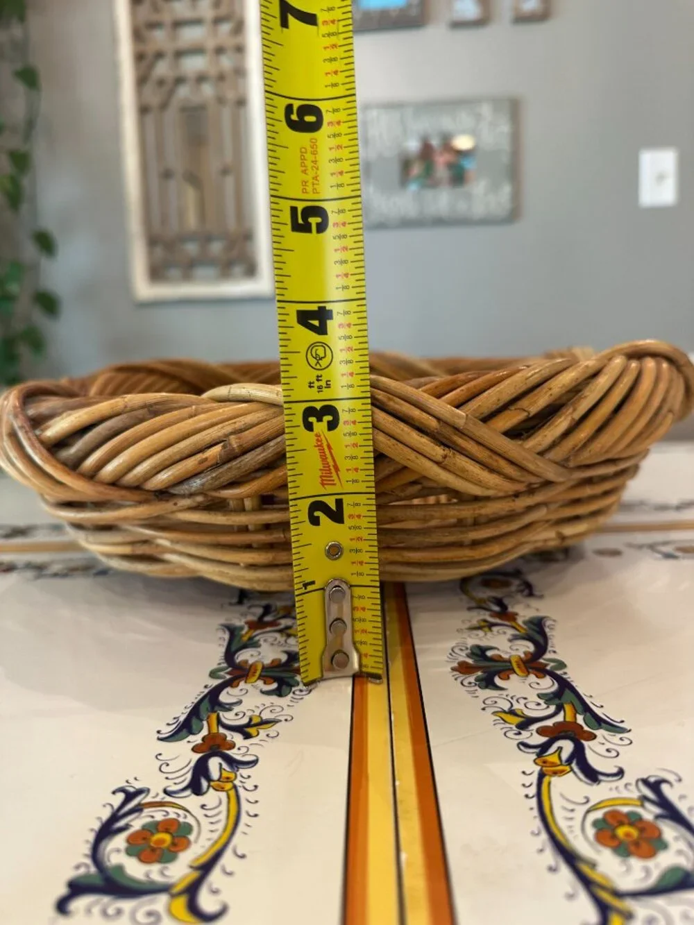 vintage round, hand-woven rattan or wicker basket